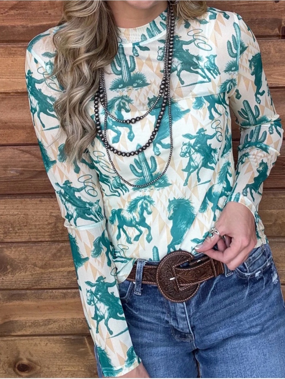 Lucky & Blessed Long Sleeve Western Print Mesh Top. Women's Size S